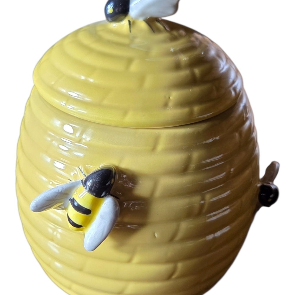 Charming Yellow Beehive Ceramic Jar with Bee Honey Pot.